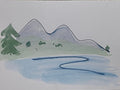 Simplified illustration of a mountain, trees, and a lake on a light gray background